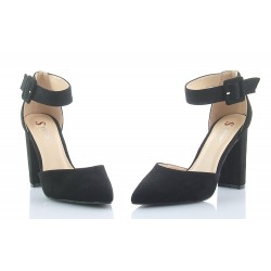 Czółenka zamszowe na słupku 9,5 cm. pasek czarne