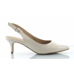 Czółenka na niskiej szpilce 6 cm. kaczuszki lakierowane szpic beżowe