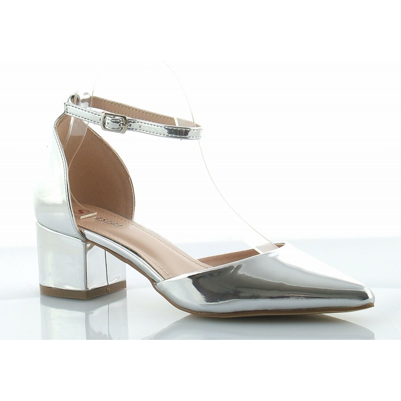 Czółenka sandały na słupku 5 cm. pasek srebrne