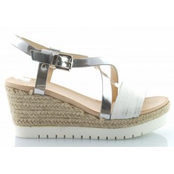Sandały espadryle na koturnie 7,5 cm. białe srebrne