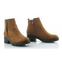 Botki damskie na niskim obcasie ocieplane camel