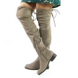 Kozaki za kolano na płaskim obcasie zamszowe khaki