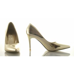 Czółenka na szpilce 9 cm. lakierowane złote