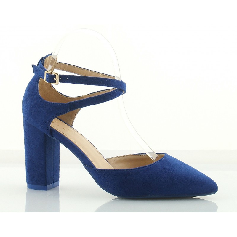 Czółenka zamszowe na słupku 8,5 cm. pasek niebieskie