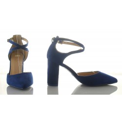 Czółenka zamszowe na słupku 8,5 cm. pasek niebieskie