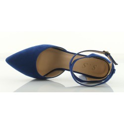 Czółenka zamszowe na słupku 8,5 cm. pasek niebieskie