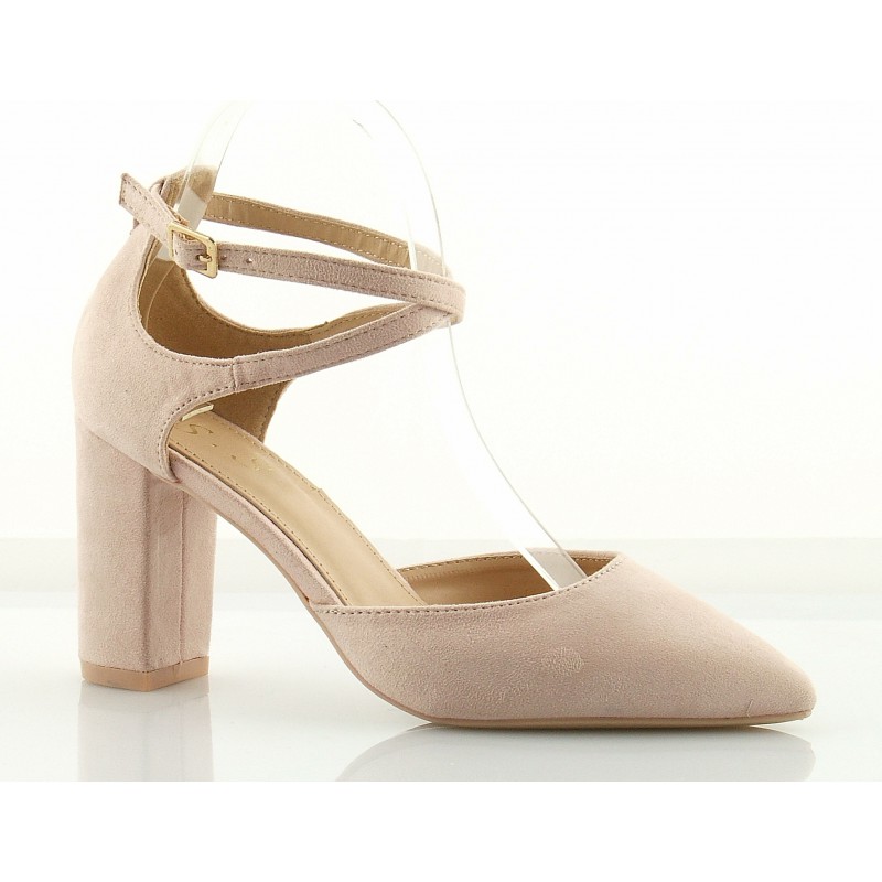 Czółenka zamszowe na słupku 8,5 cm. pasek pudrowy róż