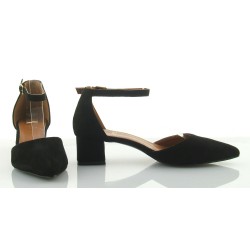 Czółenka sandały zamszowe na słupku 4 cm. pasek czarne