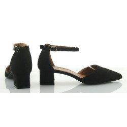 Czółenka sandały zamszowe na słupku 4 cm. pasek czarne