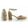Czółenka sandały zamszowe na słupku 6 cm. pasek beżowe