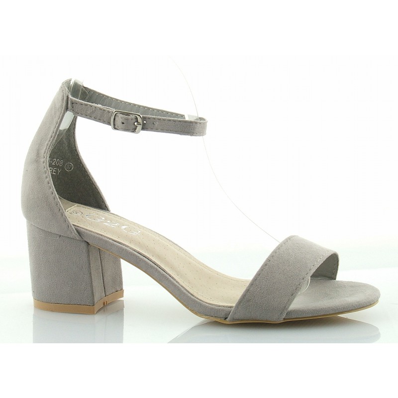 Sandały zamszowe na słupku 6 cm. pasek szare