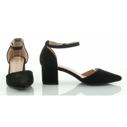 Czółenka sandały zamszowe na słupku 5,5 cm. pasek czarne