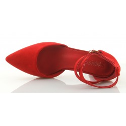 Czółenka zamszowe na słupku 6 cm. pasek czerwone