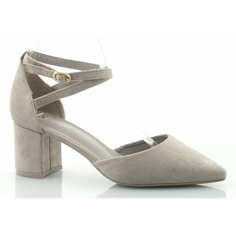 Czółenka zamszowe na słupku 6 cm. pasek szare