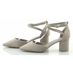 Czółenka zamszowe na słupku 6 cm. pasek szare