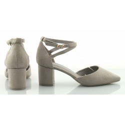 Czółenka zamszowe na słupku 6 cm. pasek szare