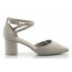 Czółenka zamszowe na słupku 6 cm. pasek szare