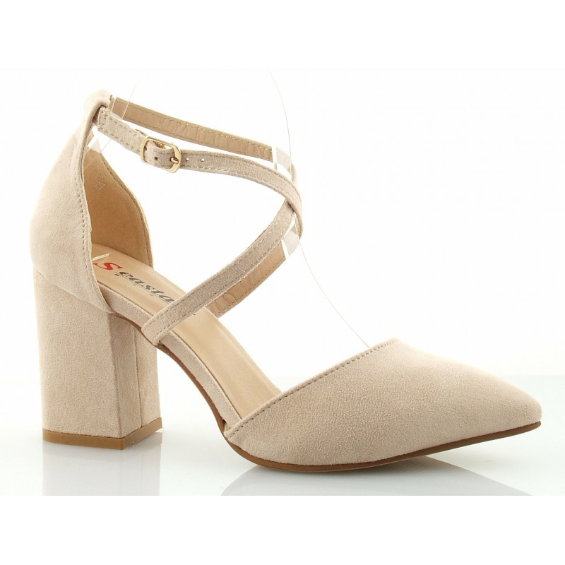 Czółenka zamszowe na słupku 8 cm. pasek beżowe