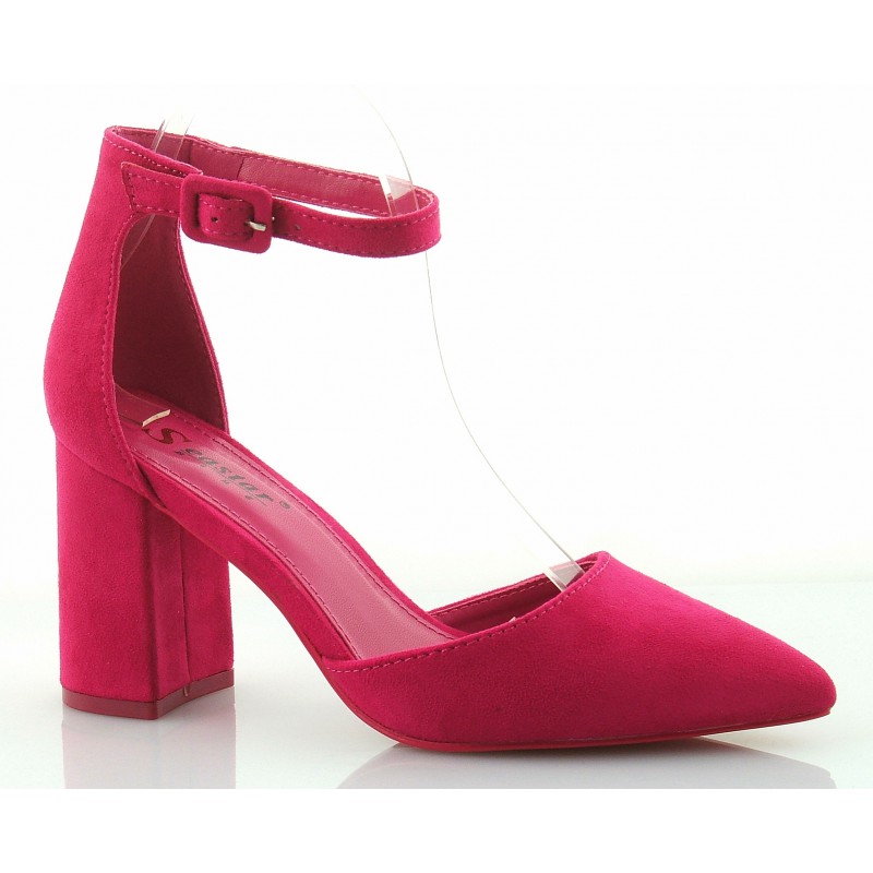 Czółenka sandały zamszowe na słupku 8,5 cm. pasek fuksja