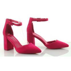 Czółenka sandały zamszowe na słupku 8,5 cm. pasek fuksja