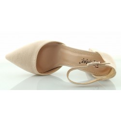 Czółenka sandały zamszowe na słupku 8,5 cm. pasek beżowe