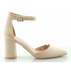 Czółenka sandały zamszowe na słupku 8,5 cm. pasek beżowe