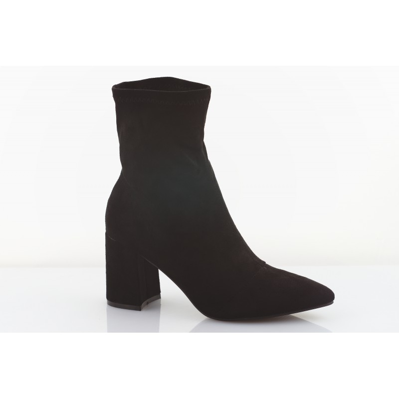Botki zamszowe stretch na słupku 7,5 cm. szpic czarne