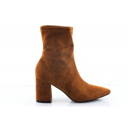 Botki zamszowe stretch na słupku 7,5 cm. szpic camel
