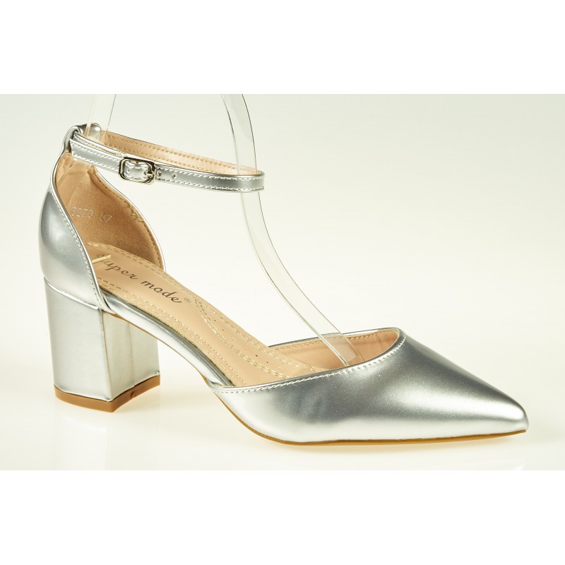 Czółenka sandały na słupku 6 cm. pasek srebrne