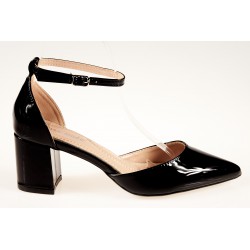 Czółenka sandały na słupku 6 cm. lakierowane pasek czarne