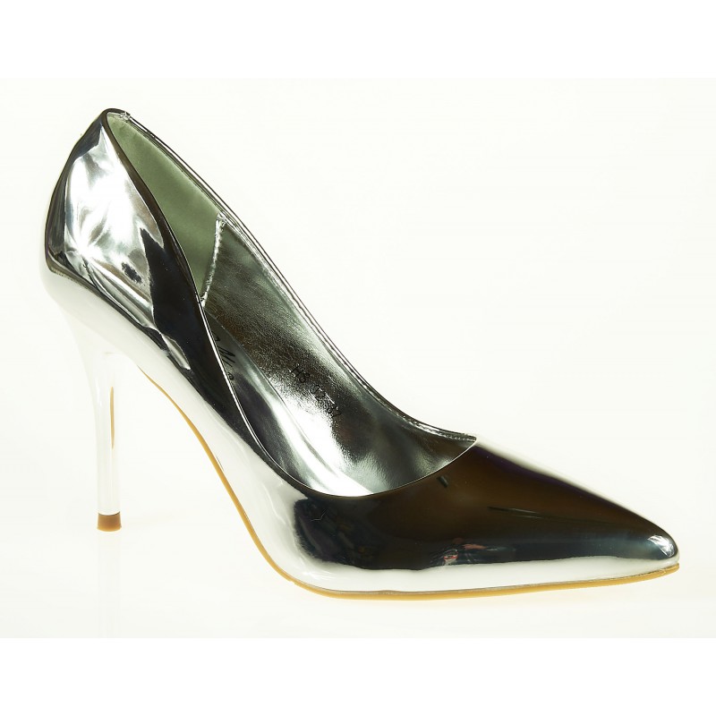 Czółenka na szpilce 9,5 cm. lustrzane srebrne