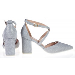 Czółenka sandały na obcasie słupku 8 cm. srebrne