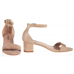 Sandały zamszowe na słupku 5 cm. piętka pasek beżowe