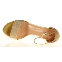 Sandały na obcasie słupku 6,5 cm. złote brokatowe