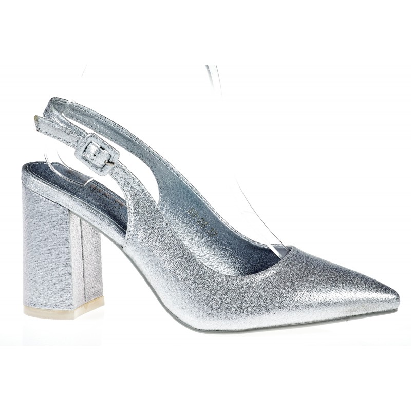 Czółenka bez pięty na słupku 8 cm. srebrne