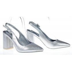 Czółenka bez pięty na słupku 8 cm. srebrne