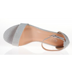 Sandały na obcasie słupku 4,5 cm. srebrne z brokatem