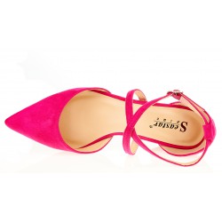 Czółenka sandały zamszowe na słupku 5,5 cm. fuksja