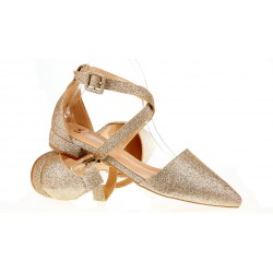 Czółenka sandały na niskim obcasie złote z brokatem