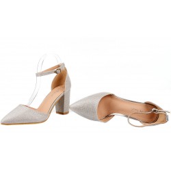 Czółenka sandały na obcasie słupku 8 cm. srebrne brokatowe