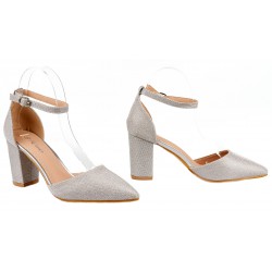 Czółenka sandały na obcasie słupku 8 cm. srebrne brokatowe