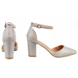 Czółenka sandały na obcasie słupku 8 cm. srebrne brokatowe