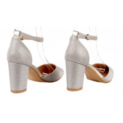 Czółenka sandały na obcasie słupku 8 cm. srebrne brokatowe