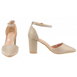 Czółenka sandały na obcasie słupku 8 cm. złote brokatowe