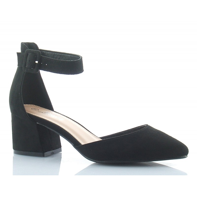 Czółenka zamszowe na słupku 5,5 cm. pasek czarne