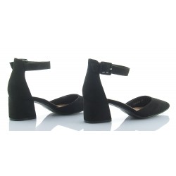 Czółenka zamszowe na słupku 5,5 cm. pasek czarne