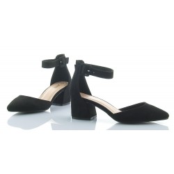 Czółenka zamszowe na słupku 5,5 cm. pasek czarne