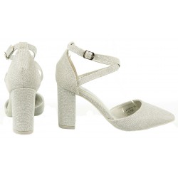 Czółenka sandały na obcasie słupku 8,5 cm. srebrne