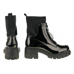 Botki na grubej podeszwie lakierowane stretch czarne