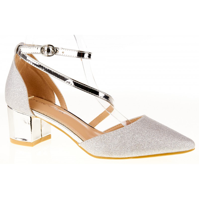 Czółenka na obcasie słupku 5 cm. srebrne brokatowe